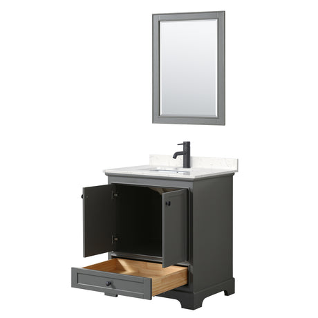 Deborah 30 Inch Single Bathroom Vanity in Dark Gray Carrara Cultured Marble Countertop Undermount Square Sink Matte Black Trim 24 Inch Mirror