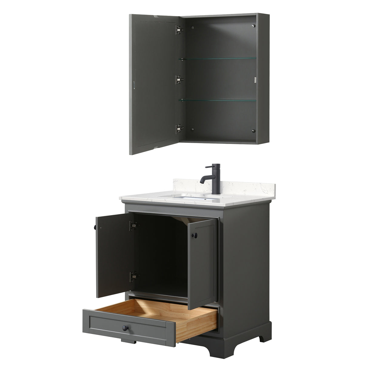 Deborah 30 Inch Single Bathroom Vanity in Dark Gray Carrara Cultured Marble Countertop Undermount Square Sink Matte Black Trim Medicine Cabinet