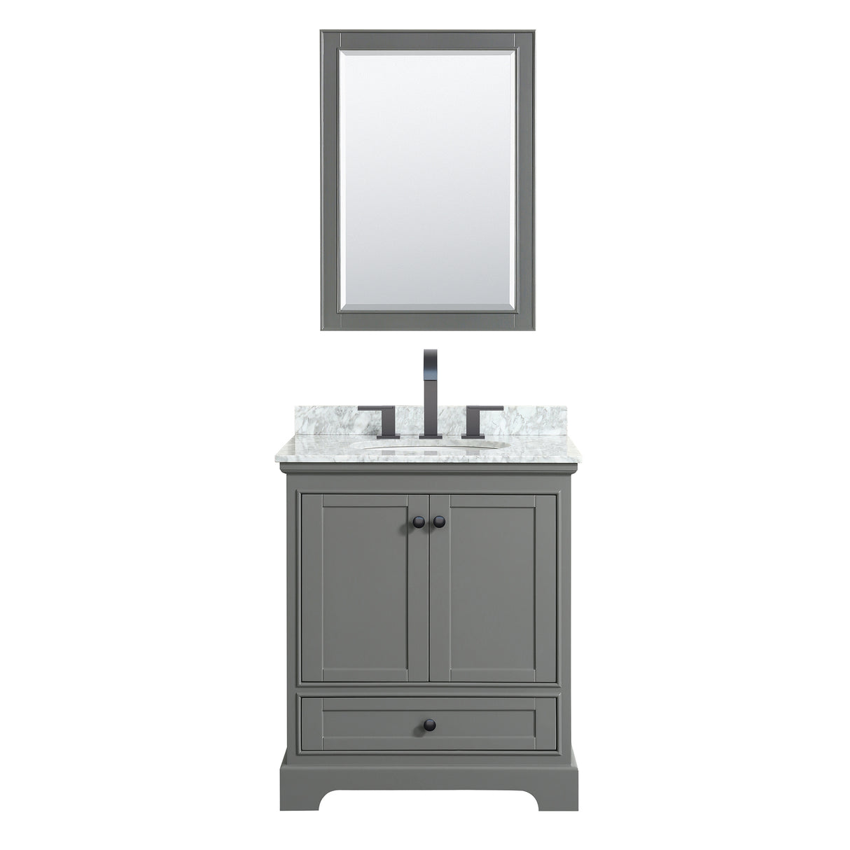 Deborah 30 Inch Single Bathroom Vanity in Dark Gray White Carrara Marble Countertop Undermount Oval Sink Matte Black Trim Medicine Cabinet