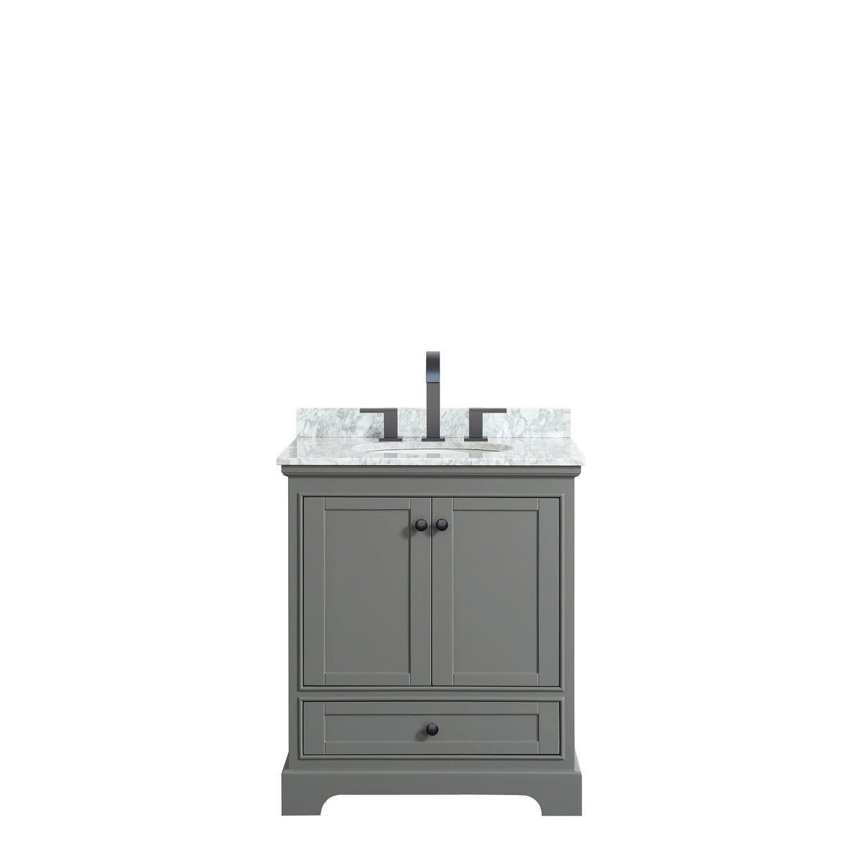 Deborah 30 Inch Single Bathroom Vanity in Dark Gray White Carrara Marble Countertop Undermount Oval Sink Matte Black Trim
