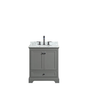 Deborah 30 Inch Single Bathroom Vanity in Dark Gray White Carrara Marble Countertop Undermount Oval Sink Matte Black Trim