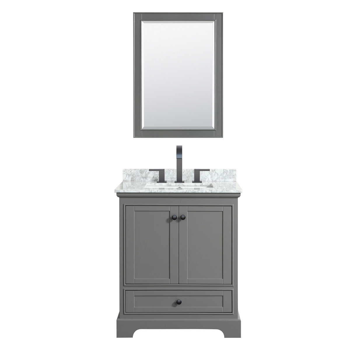 Deborah 30 Inch Single Bathroom Vanity in Dark Gray White Carrara Marble Countertop Undermount Square Sink Matte Black Trim 24 Inch Mirror
