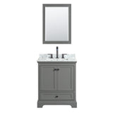 Deborah 30 Inch Single Bathroom Vanity in Dark Gray White Carrara Marble Countertop Undermount Square Sink Matte Black Trim 24 Inch Mirror