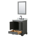 Deborah 30 Inch Single Bathroom Vanity in Dark Gray White Carrara Marble Countertop Undermount Square Sink Matte Black Trim 24 Inch Mirror