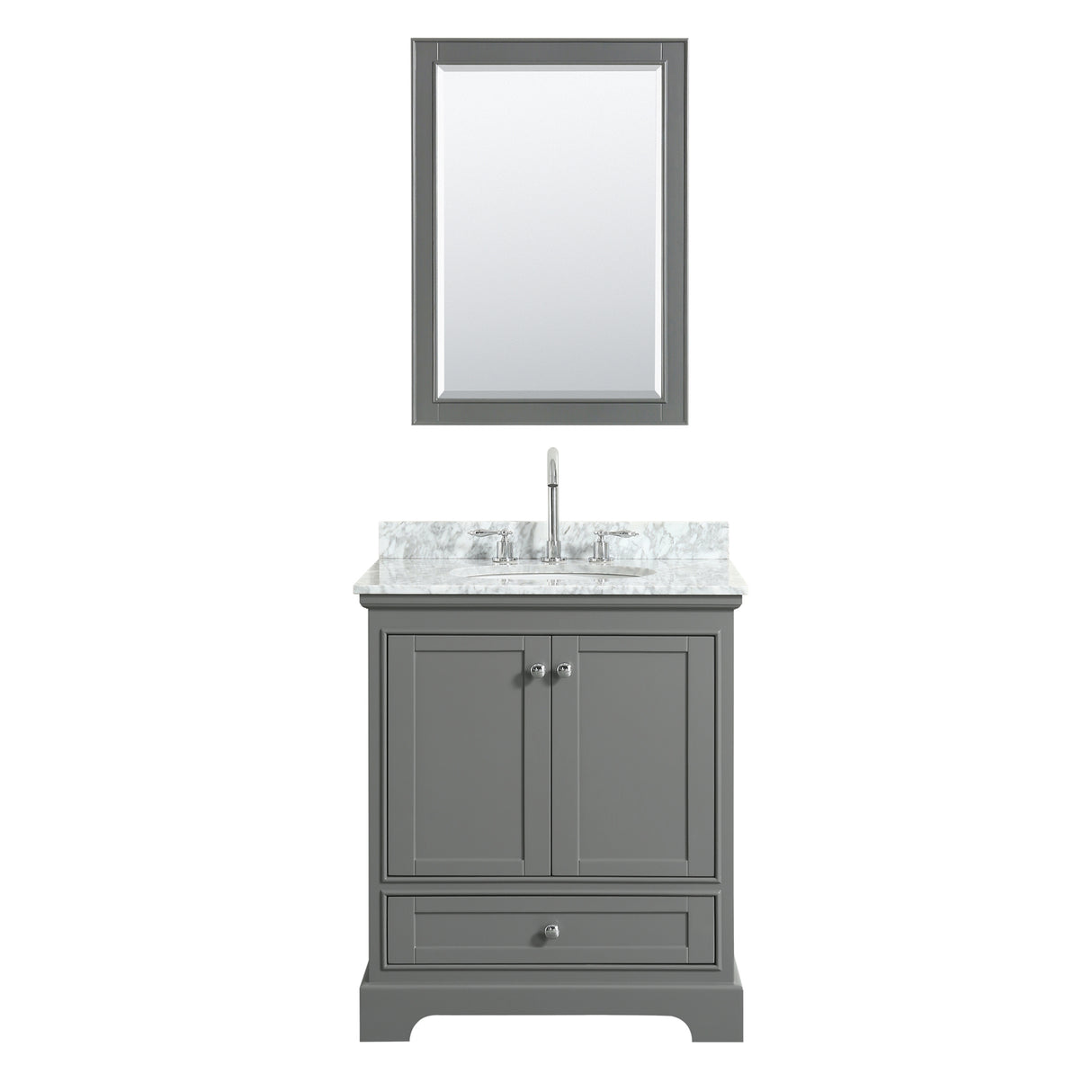 Deborah 30 Inch Single Bathroom Vanity in Dark Gray White Carrara Marble Countertop Undermount Oval Sink and Medicine Cabinet