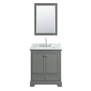 Deborah 30 Inch Single Bathroom Vanity in Dark Gray White Carrara Marble Countertop Undermount Square Sink and Medicine Cabinet