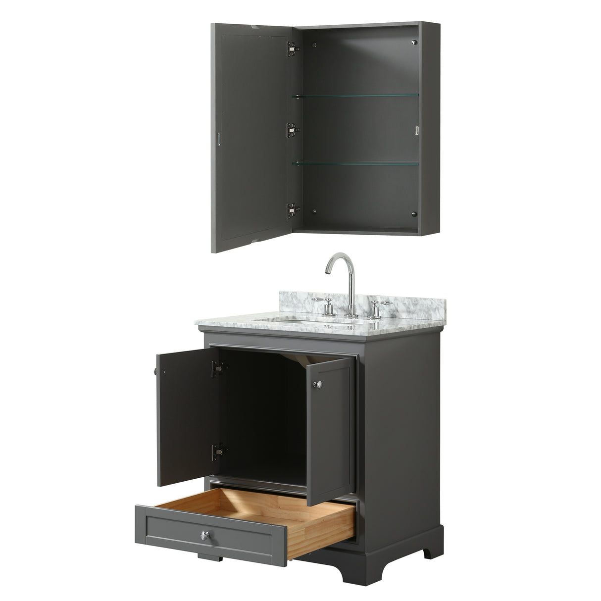 Deborah 30 Inch Single Bathroom Vanity in Dark Gray White Carrara Marble Countertop Undermount Square Sink and Medicine Cabinet