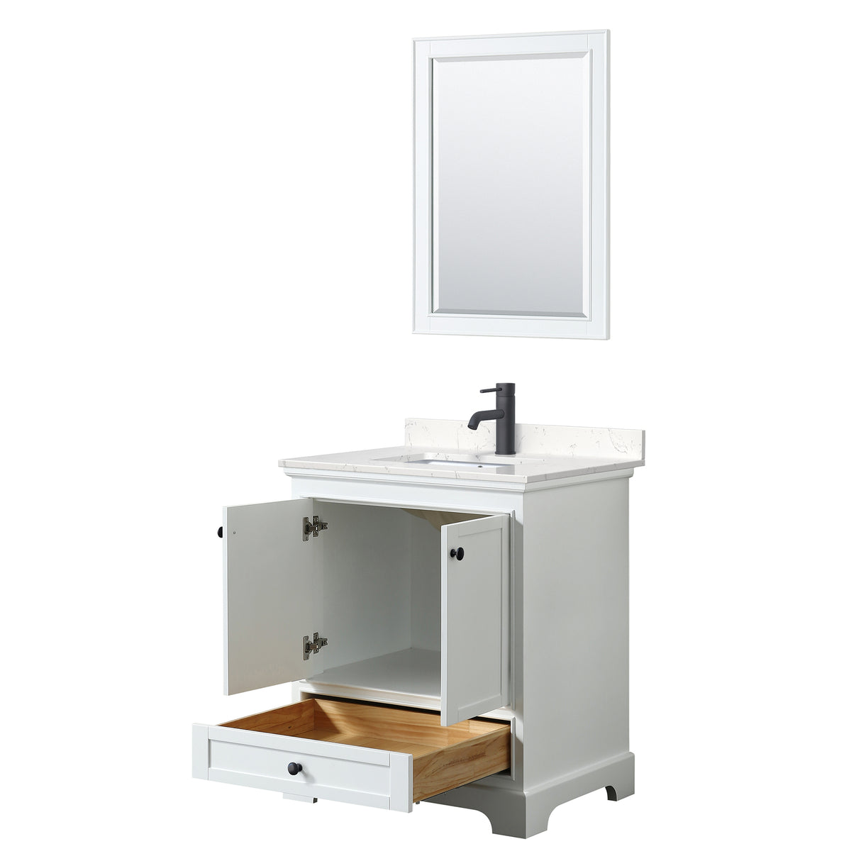Deborah 30 Inch Single Bathroom Vanity in White Carrara Cultured Marble Countertop Undermount Square Sink Matte Black Trim 24 Inch Mirror