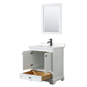 Deborah 30 Inch Single Bathroom Vanity in White Carrara Cultured Marble Countertop Undermount Square Sink Matte Black Trim 24 Inch Mirror