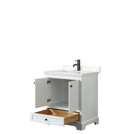 Deborah 30 Inch Single Bathroom Vanity in White Carrara Cultured Marble Countertop Undermount Square Sink Matte Black Trim