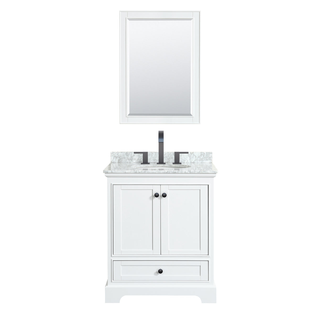 Deborah 30 Inch Single Bathroom Vanity in White White Carrara Marble Countertop Undermount Oval Sink Matte Black Trim 24 Inch Mirror