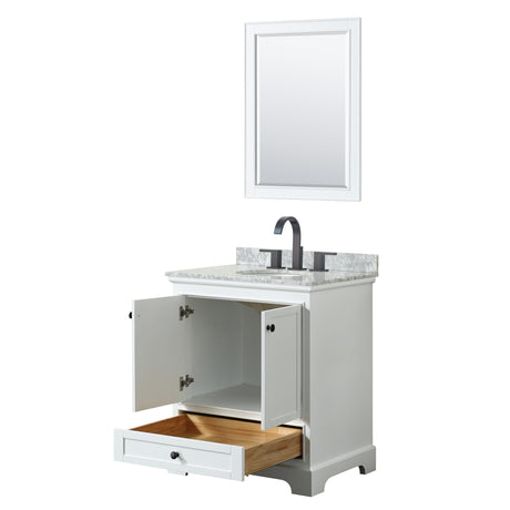 Deborah 30 Inch Single Bathroom Vanity in White White Carrara Marble Countertop Undermount Oval Sink Matte Black Trim 24 Inch Mirror