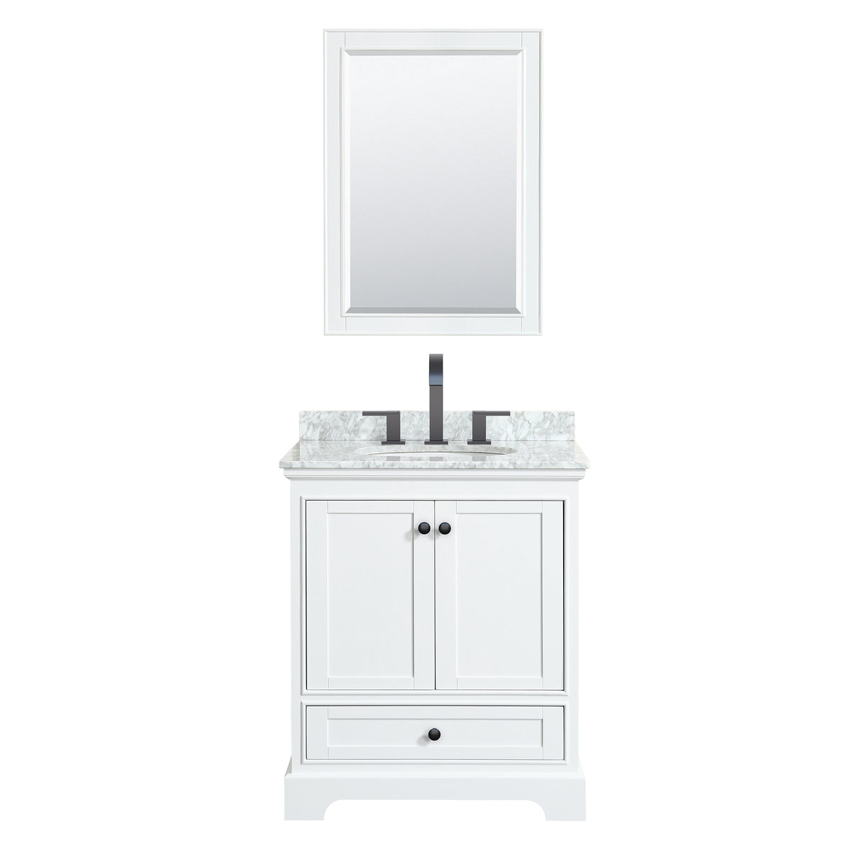 Deborah 30 Inch Single Bathroom Vanity in White White Carrara Marble Countertop Undermount Oval Sink Matte Black Trim Medicine Cabinet