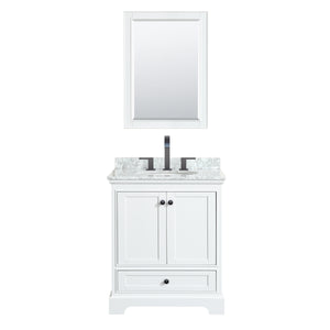Deborah 30 Inch Single Bathroom Vanity in White White Carrara Marble Countertop Undermount Oval Sink Matte Black Trim Medicine Cabinet
