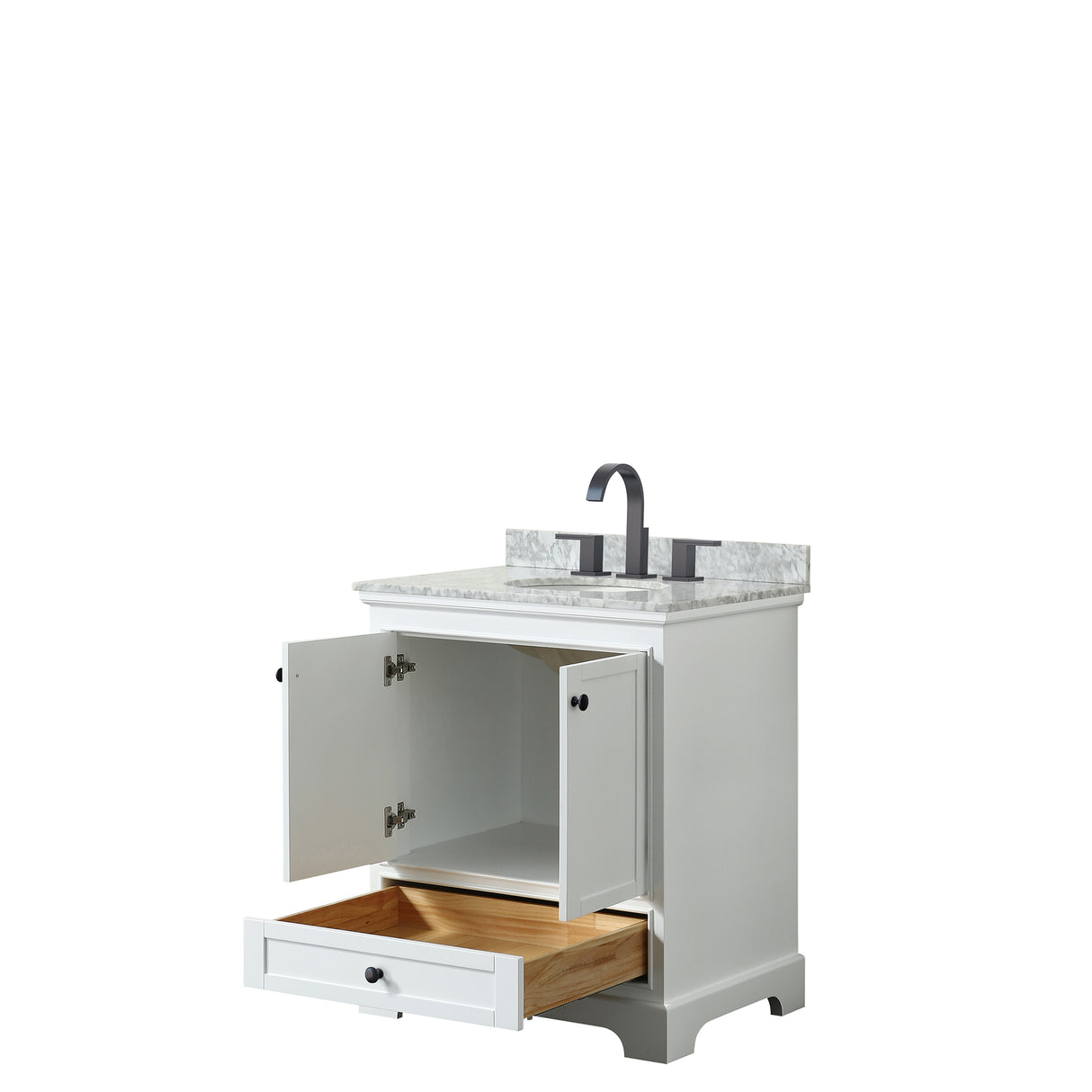 Deborah 30 Inch Single Bathroom Vanity in White White Carrara Marble Countertop Undermount Oval Sink Matte Black Trim