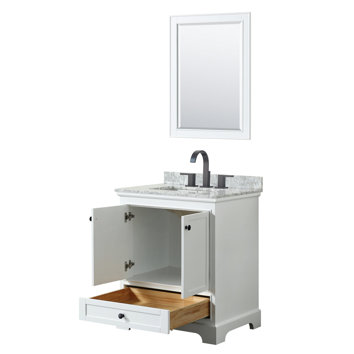 Deborah 30 Inch Single Bathroom Vanity in White White Carrara Marble Countertop Undermount Square Sink Matte Black Trim 24 Inch Mirror