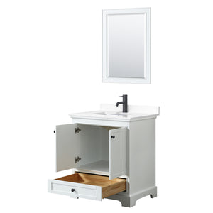 Deborah 30 Inch Single Bathroom Vanity in White White Cultured Marble Countertop Undermount Square Sink Matte Black Trim 24 Inch Mirror