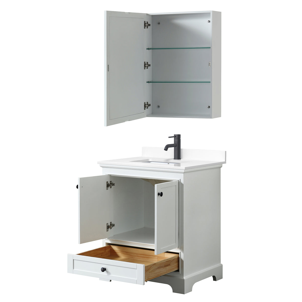 Deborah 30 Inch Single Bathroom Vanity in White White Cultured Marble Countertop Undermount Square Sink Matte Black Trim Medicine Cabinet
