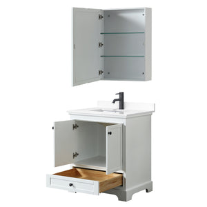 Deborah 30 Inch Single Bathroom Vanity in White White Cultured Marble Countertop Undermount Square Sink Matte Black Trim Medicine Cabinet