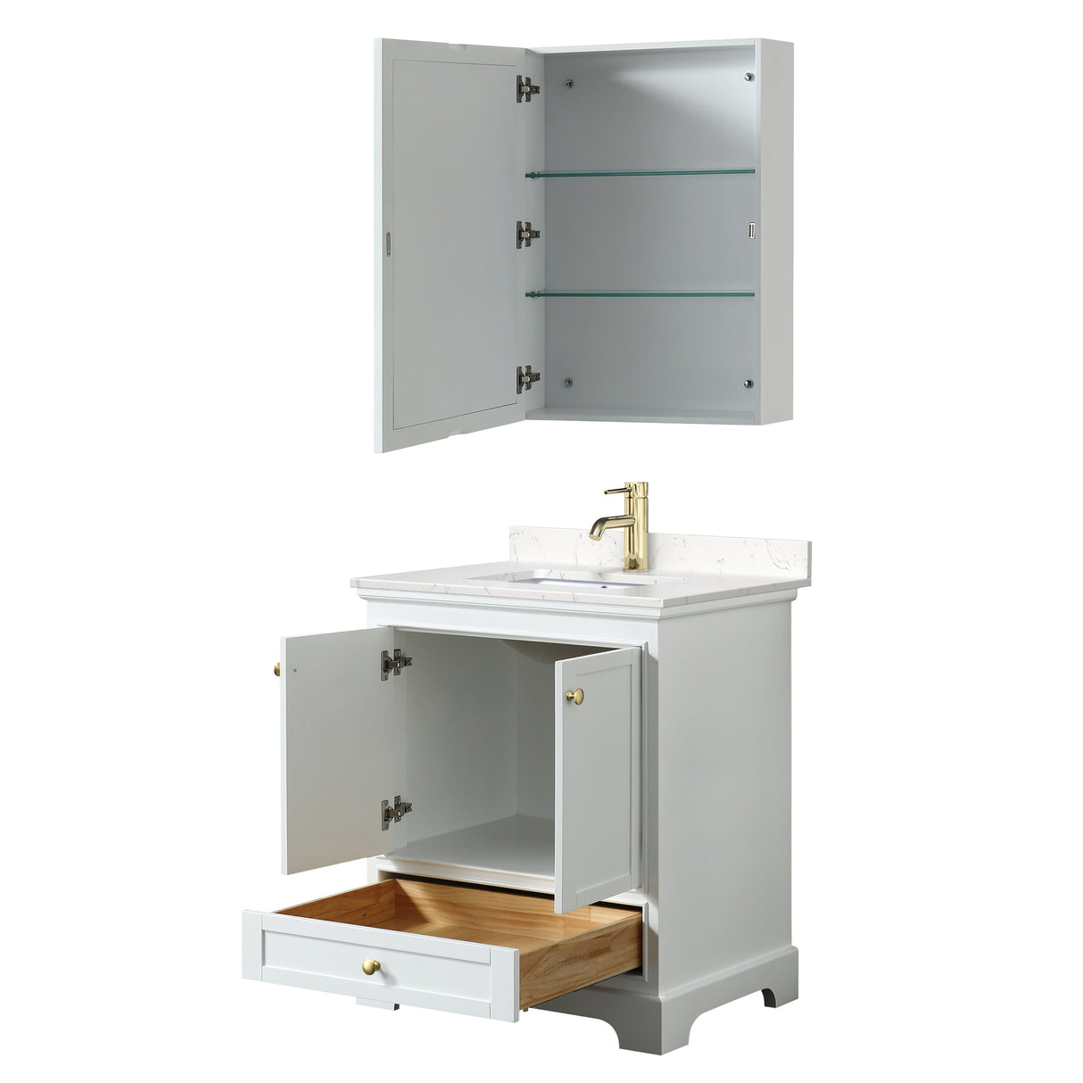 Deborah 30 Inch Single Bathroom Vanity in White Carrara Cultured Marble Countertop Undermount Square Sink Brushed Gold Trim Medicine Cabinet