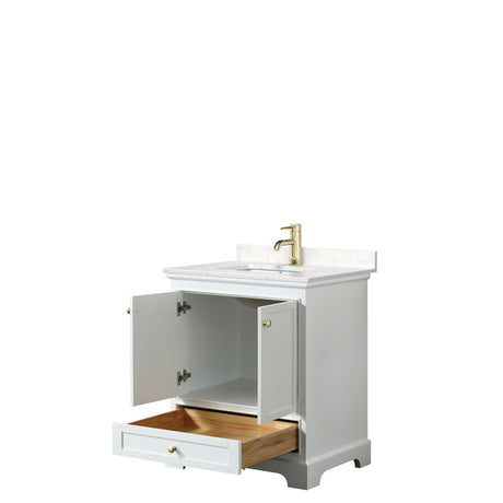 Deborah 30 Inch Single Bathroom Vanity in White Carrara Cultured Marble Countertop Undermount Square Sink Brushed Gold Trim No Mirror