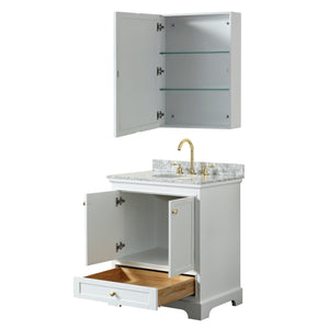 Deborah 30 Inch Single Bathroom Vanity in White White Carrara Marble Countertop Undermount Oval Sink Brushed Gold Trim Medicine Cabinet