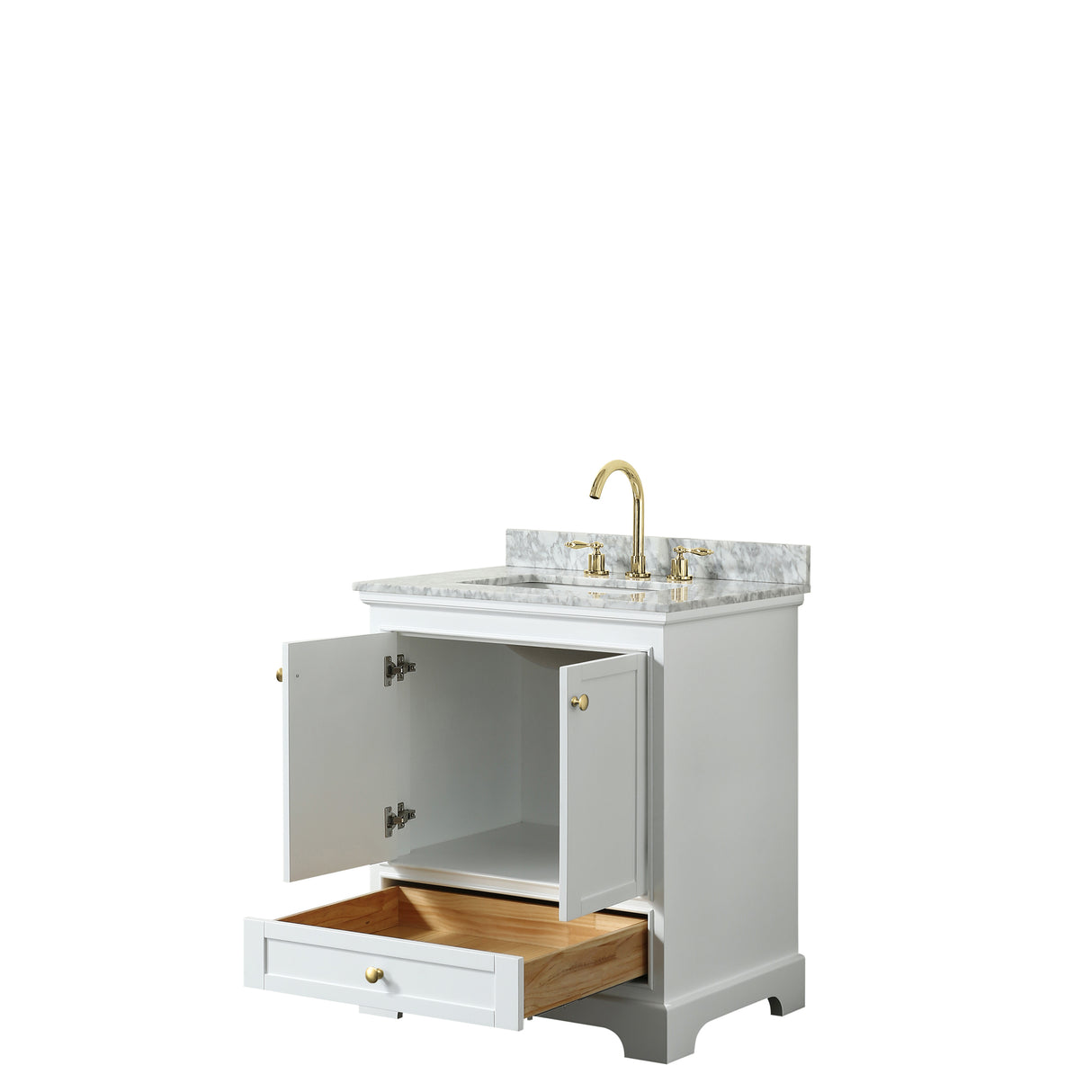 Deborah 30 Inch Single Bathroom Vanity in White White Carrara Marble Countertop Undermount Square Sink Brushed Gold Trim No Mirror