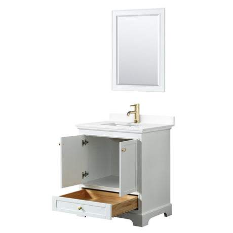 Deborah 30 Inch Single Bathroom Vanity in White White Cultured Marble Countertop Undermount Square Sink Brushed Gold Trim 24 Inch Mirror