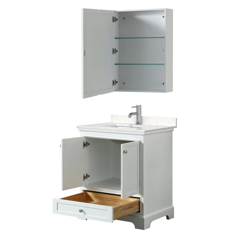 Deborah 30 Inch Single Bathroom Vanity in White Carrara Cultured Marble Countertop Undermount Square Sink Medicine Cabinet