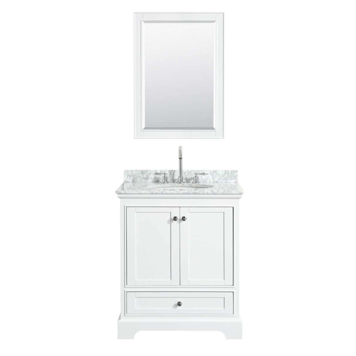 Deborah 30 Inch Single Bathroom Vanity in White White Carrara Marble Countertop Undermount Oval Sink and 24 Inch Mirror