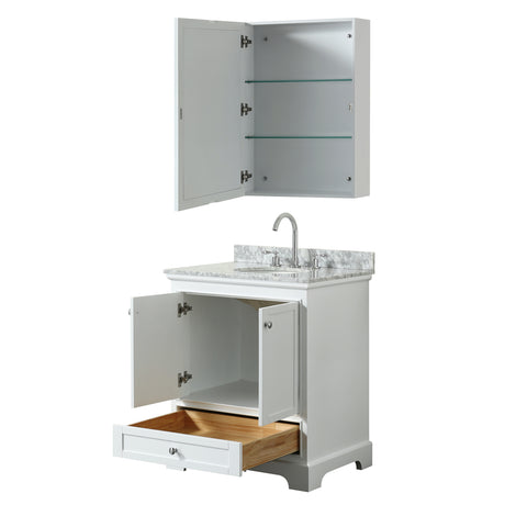 Deborah 30 Inch Single Bathroom Vanity in White White Carrara Marble Countertop Undermount Oval Sink and Medicine Cabinet