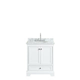 Deborah 30 Inch Single Bathroom Vanity in White White Carrara Marble Countertop Undermount Oval Sink and No Mirror