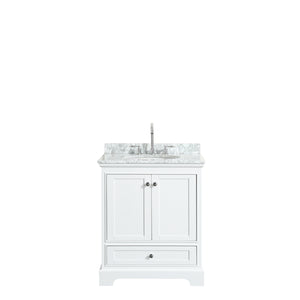 Deborah 30 Inch Single Bathroom Vanity in White White Carrara Marble Countertop Undermount Oval Sink and No Mirror