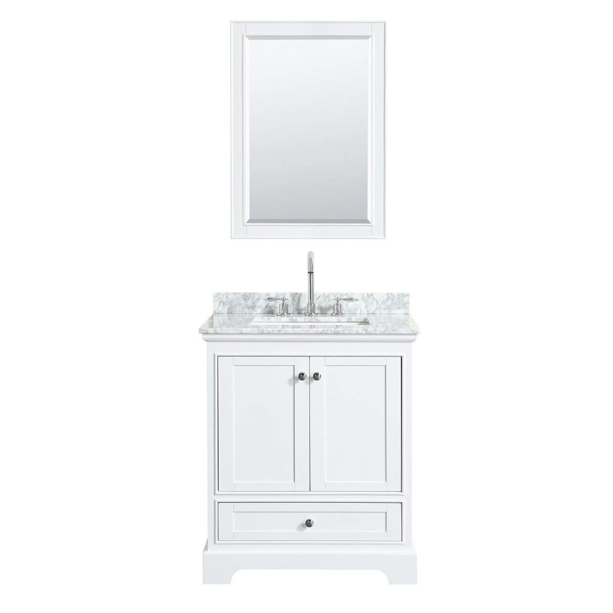 Deborah 30 Inch Single Bathroom Vanity in White White Carrara Marble Countertop Undermount Square Sink and 24 Inch Mirror