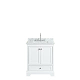 Deborah 30 Inch Single Bathroom Vanity in White White Carrara Marble Countertop Undermount Square Sink and No Mirror