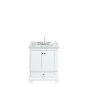 Deborah 30 Inch Single Bathroom Vanity in White White Carrara Marble Countertop Undermount Square Sink and No Mirror
