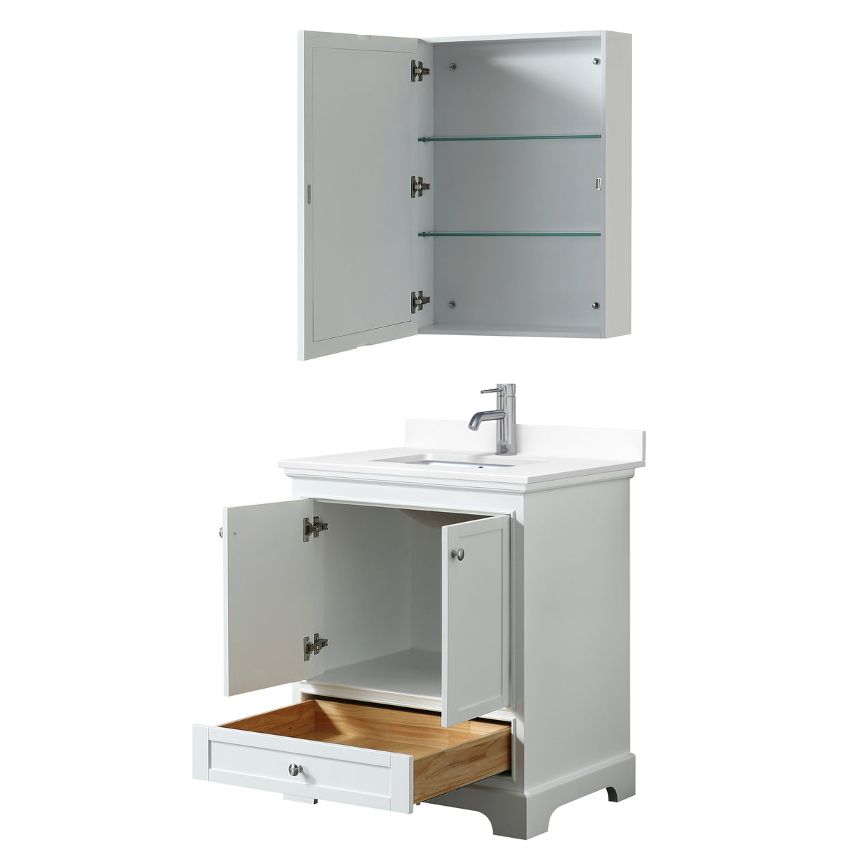 Deborah 30 Inch Single Bathroom Vanity in White White Cultured Marble Countertop Undermount Square Sink Medicine Cabinet