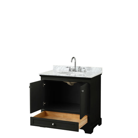 Deborah 36 Inch Single Bathroom Vanity in Dark Espresso White Carrara Marble Countertop Undermount Oval Sink and No Mirror