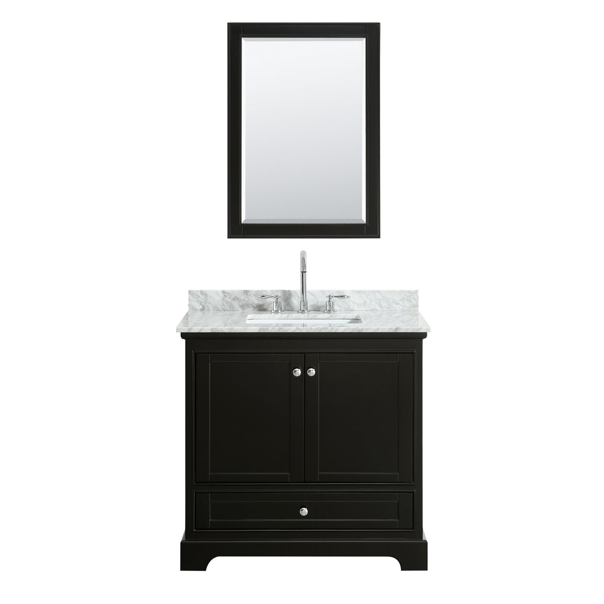 Deborah 36 Inch Single Bathroom Vanity in Dark Espresso White Carrara Marble Countertop Undermount Square Sink and 24 Inch Mirror