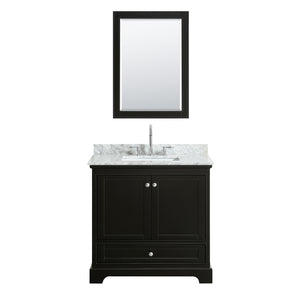 Deborah 36 Inch Single Bathroom Vanity in Dark Espresso White Carrara Marble Countertop Undermount Square Sink and 24 Inch Mirror