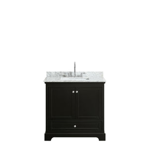 Deborah 36 Inch Single Bathroom Vanity in Dark Espresso White Carrara Marble Countertop Undermount Square Sink and No Mirror