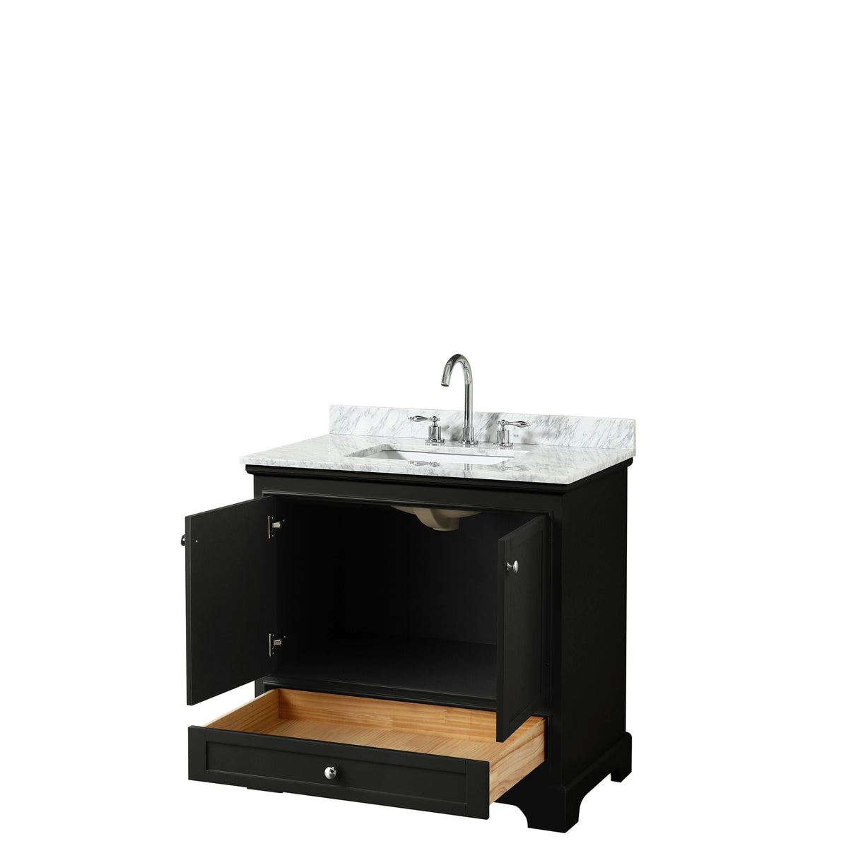 Deborah 36 Inch Single Bathroom Vanity in Dark Espresso White Carrara Marble Countertop Undermount Square Sink and No Mirror