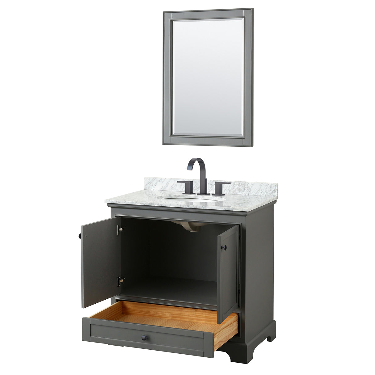 Deborah 36 Inch Single Bathroom Vanity in Dark Gray White Carrara Marble Countertop Undermount Oval Sink Matte Black Trim 24 Inch Mirror