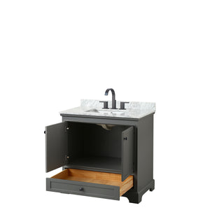 Deborah 36 Inch Single Bathroom Vanity in Dark Gray White Carrara Marble Countertop Undermount Square Sink Matte Black Trim