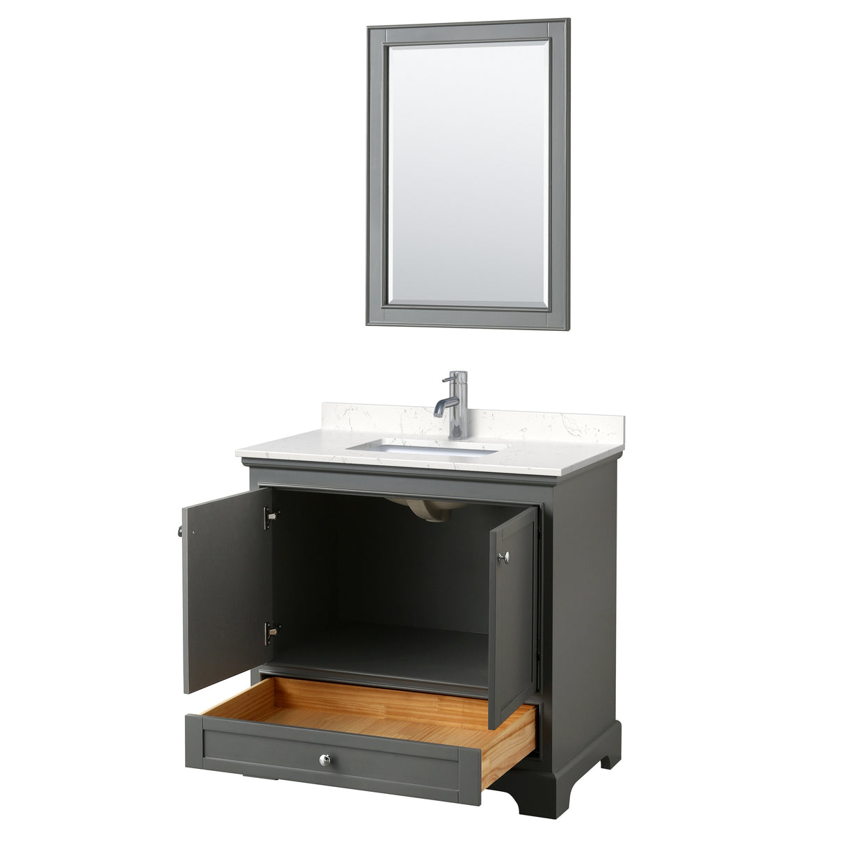 Deborah 36 Inch Single Bathroom Vanity in Dark Gray Carrara Cultured Marble Countertop Undermount Square Sink 24 Inch Mirror