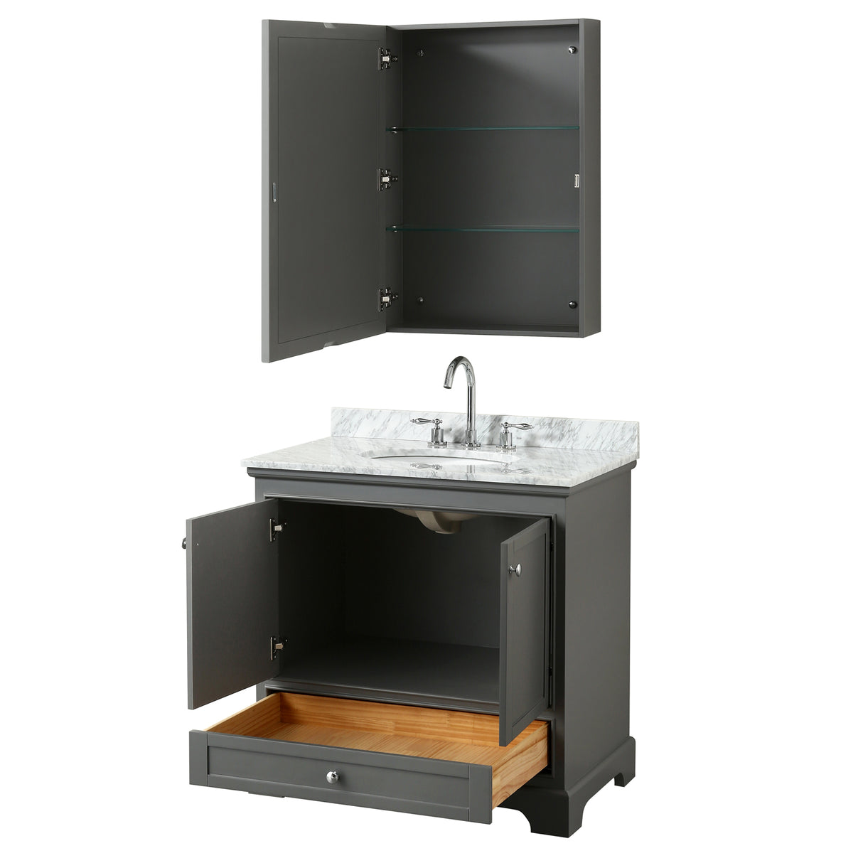 Deborah 36 Inch Single Bathroom Vanity in Dark Gray White Carrara Marble Countertop Undermount Oval Sink and Medicine Cabinet