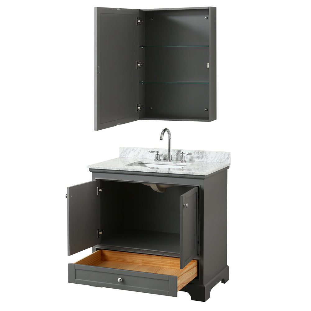 Deborah 36 Inch Single Bathroom Vanity in Dark Gray White Carrara Marble Countertop Undermount Square Sink and Medicine Cabinet