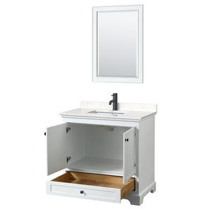 Deborah 36 Inch Single Bathroom Vanity in White Carrara Cultured Marble Countertop Undermount Square Sink Matte Black Trim 24 Inch Mirror