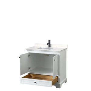 Deborah 36 Inch Single Bathroom Vanity in White Carrara Cultured Marble Countertop Undermount Square Sink Matte Black Trim