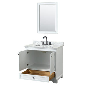 Deborah 36 Inch Single Bathroom Vanity in White White Carrara Marble Countertop Undermount Square Sink Matte Black Trim 24 Inch Mirror